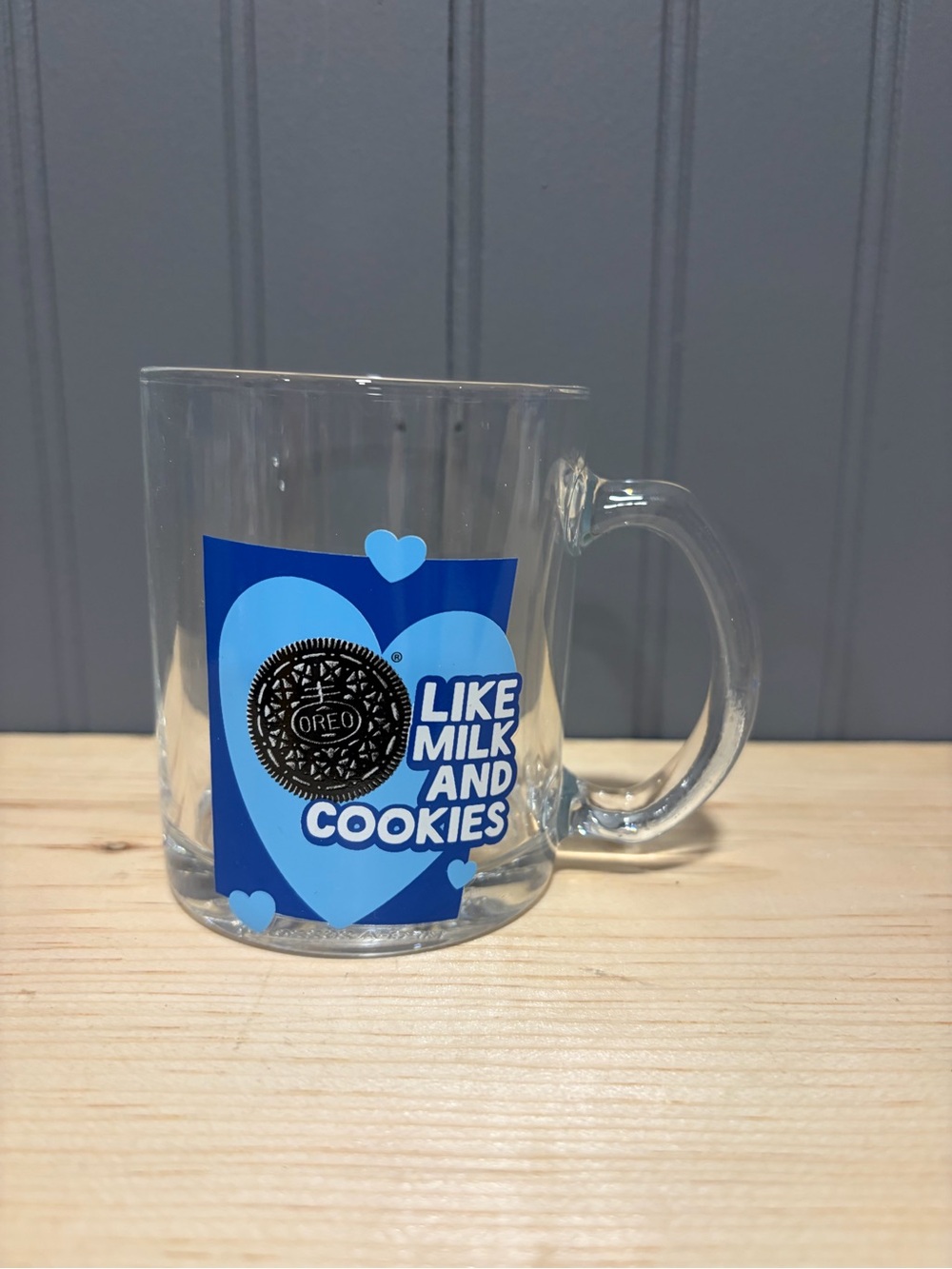 Oreo "Like Milk and Cookies" Clear Glass Mug - Blue Heart Design